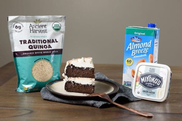 vegan chocolate quinoa cake with ingredients being served