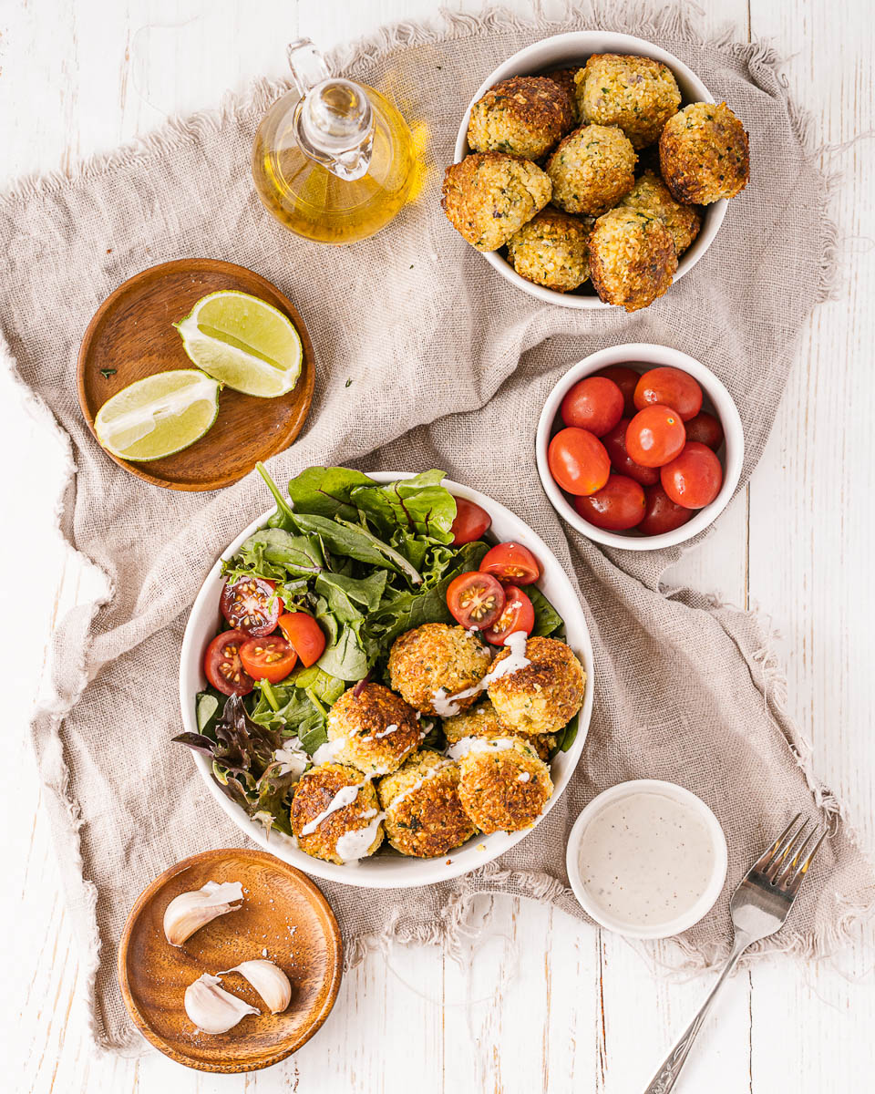 top view vegan falafel in a bowl with salad