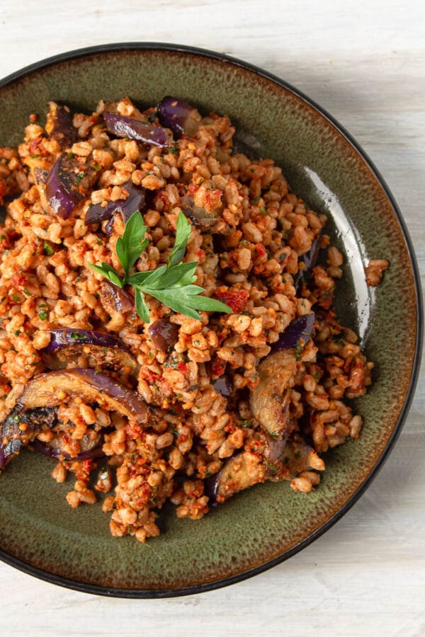farro being served with sun dried tomato pesto on a green plate