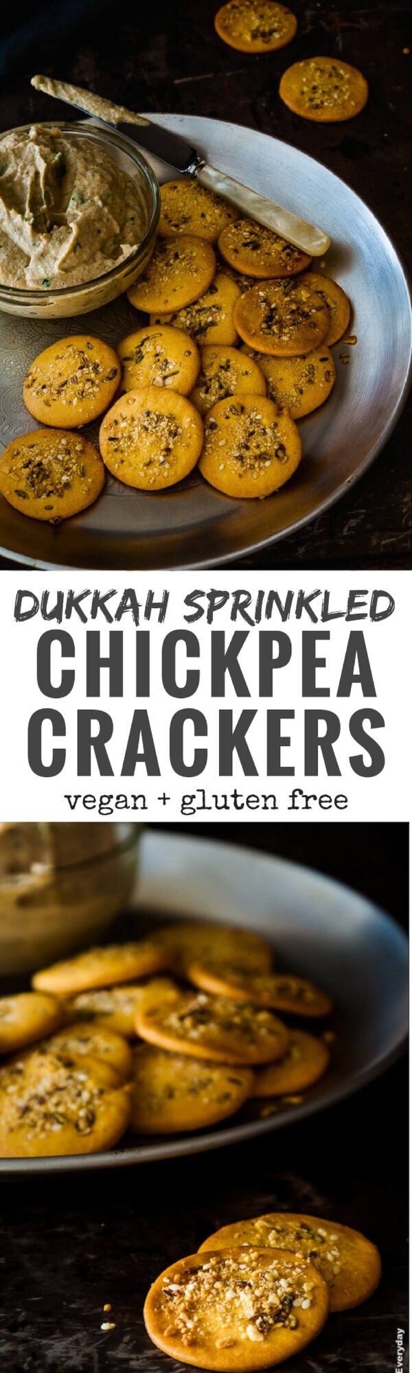 These fantastic vegan and gluten-free chickpea crackers are sprinkled with dukkah and perfect for afternoon snacking.