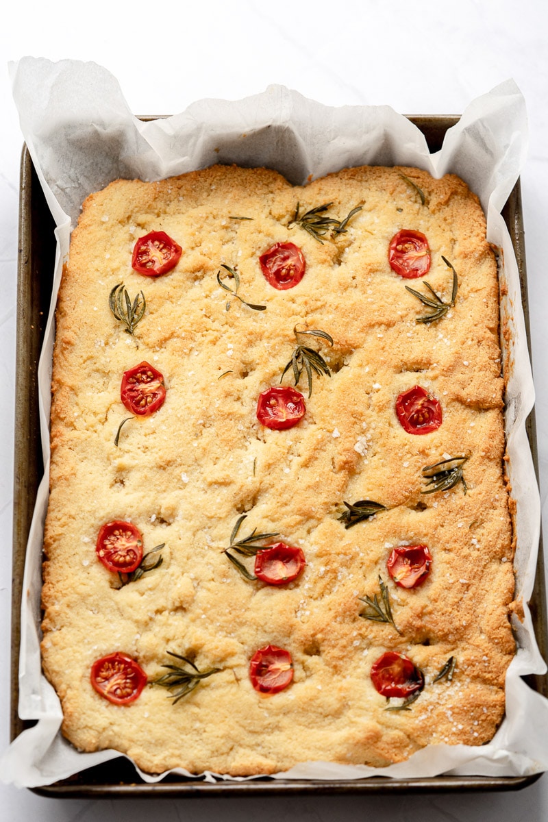 pan of gluten free focaccia bread