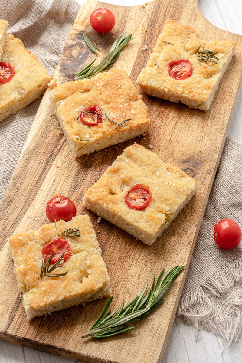 close up square pieces of gluten free focaccia bread