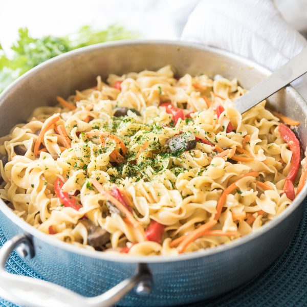 one pot thai green curry noodles in a pan