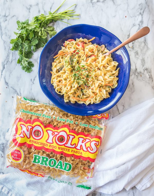 thai green curry noodles in a serving bowl