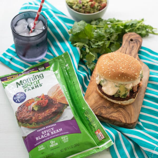 veggie burger next to a package of Morningstar Farms Spicy Black Bean Burgers
