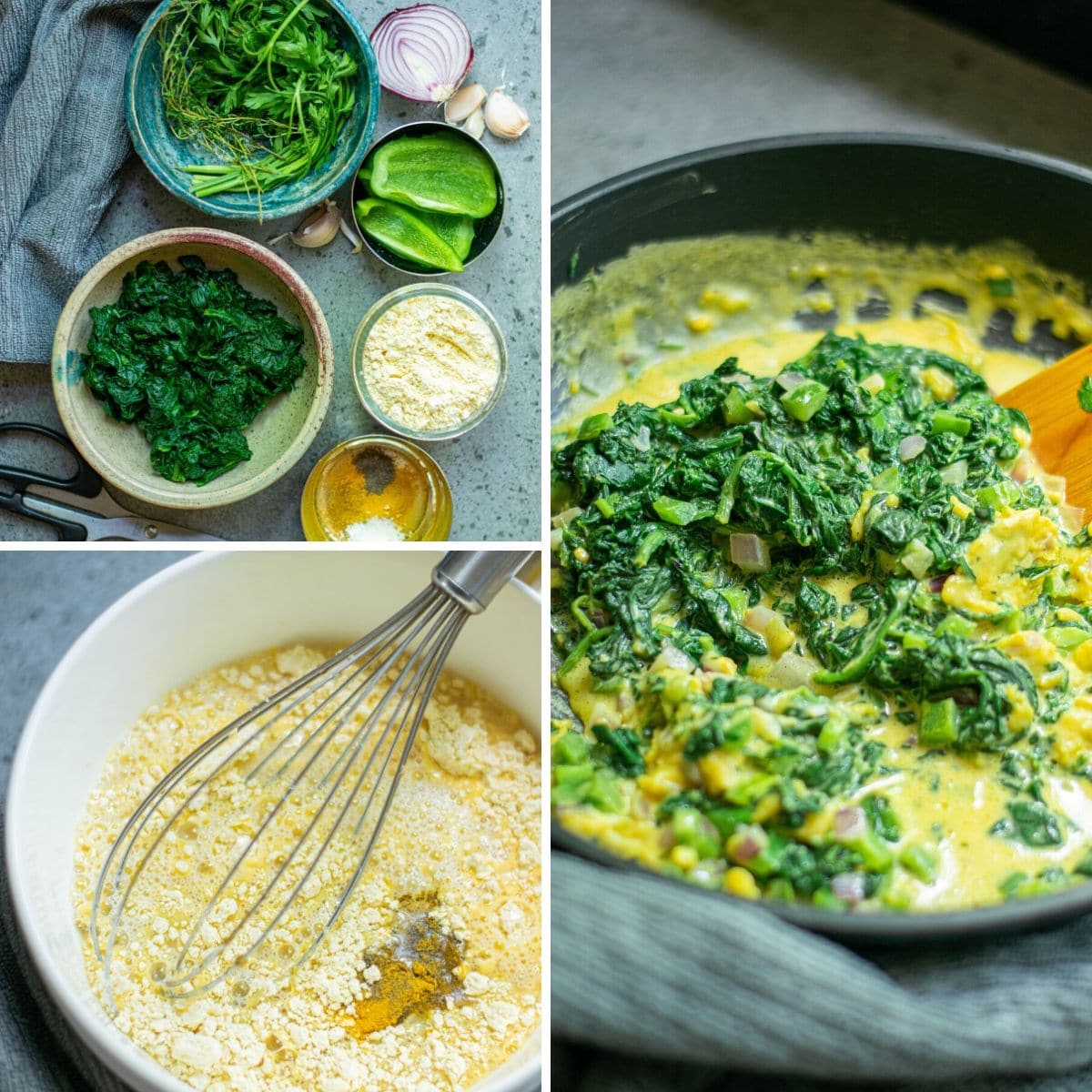collage showing the vegan scrambled eggs being made