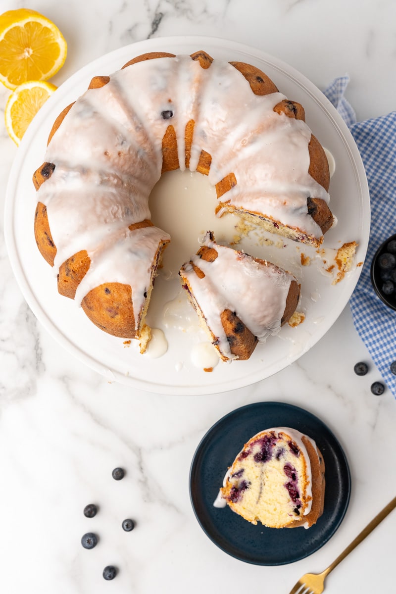 lemon blueberry bundt cake being served