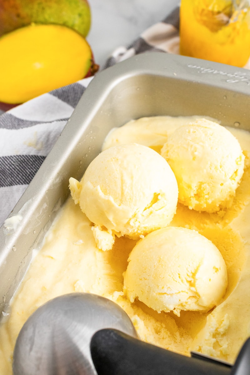 scoops of homemade mango ice cream