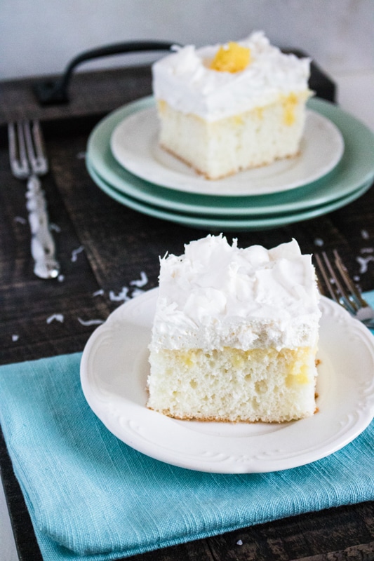 pina colada cake on a serving tray