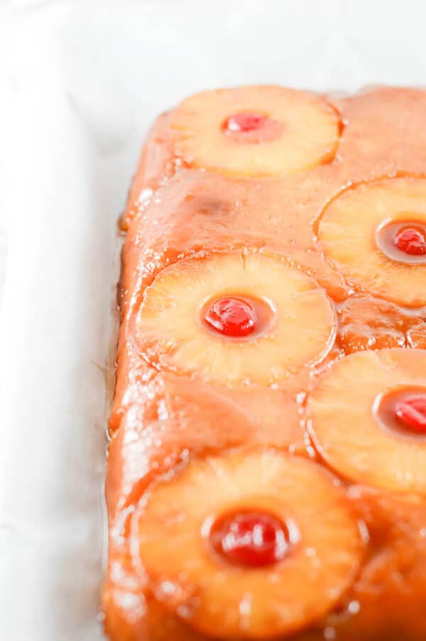 close up of the top of a pineapple upside down cake