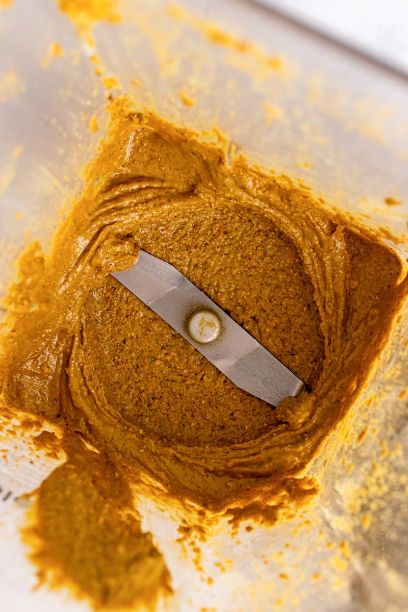 top view of pistachio butter being mixed in blender