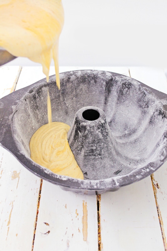 Pour the pumpkin cake mixture into a well greased Bundt pan.