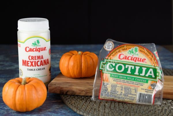 crema mexicana, cotija cheese, and pumpkins