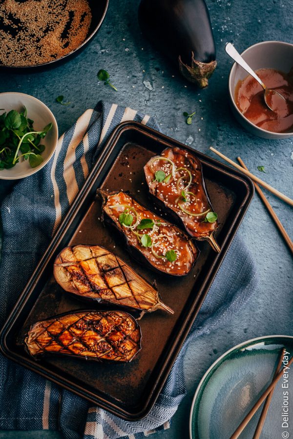 Miso glazed eggplant is a wonderful example of the delicious simplicity of Japanese food. Soft creamy roasted eggplant topped is topped with a sweet, salty umami-laden miso topping. It's easy, delicious and packed with flavour!