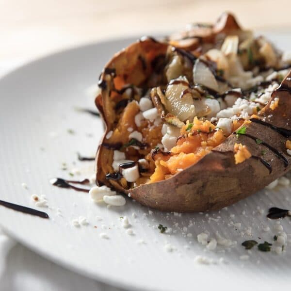 savory sweet potatoes with goat cheese and balsamic vinegar