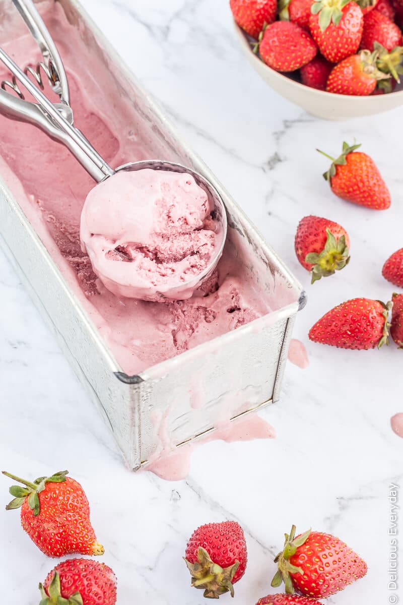 This vegan strawberry ice cream contains no bananas, no coconut and it is so creamy and delicious you’d never know its dairy free.