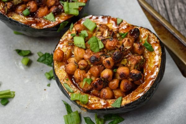 stuffed acorn squash with chickpeas and hoisin glaze