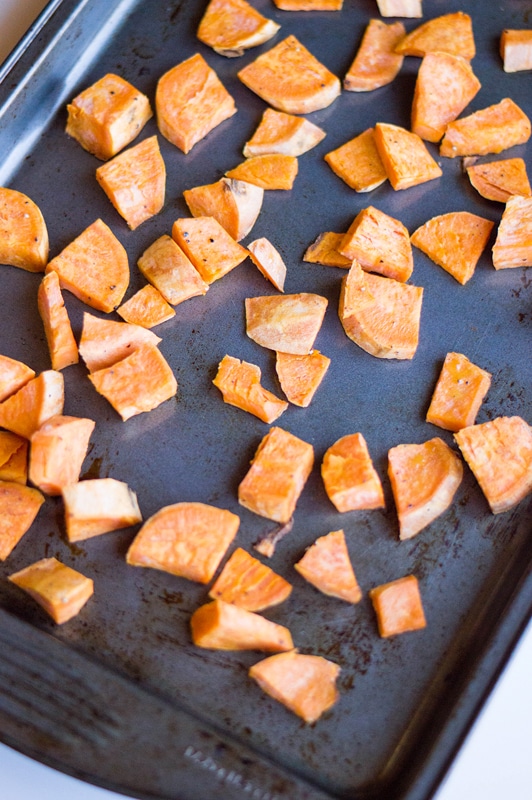 roasted sweet potatoes on a baking sheet