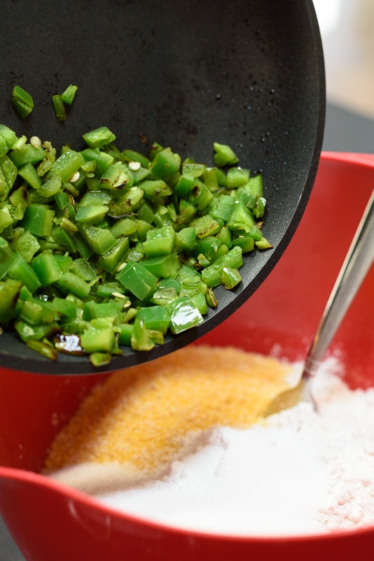 adding the jalapenos to the cornbread batter