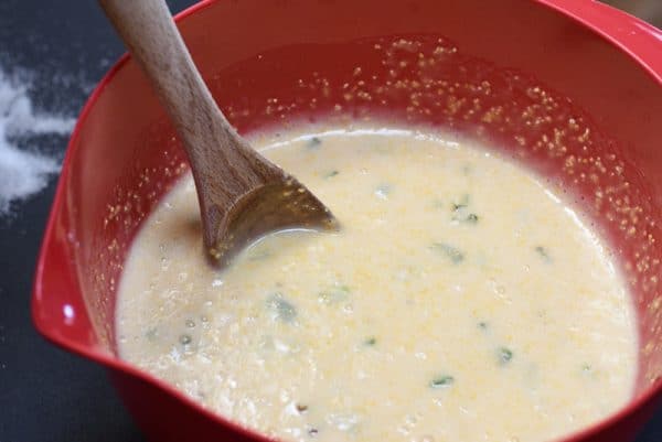 mixing the batter for homemade cornbread