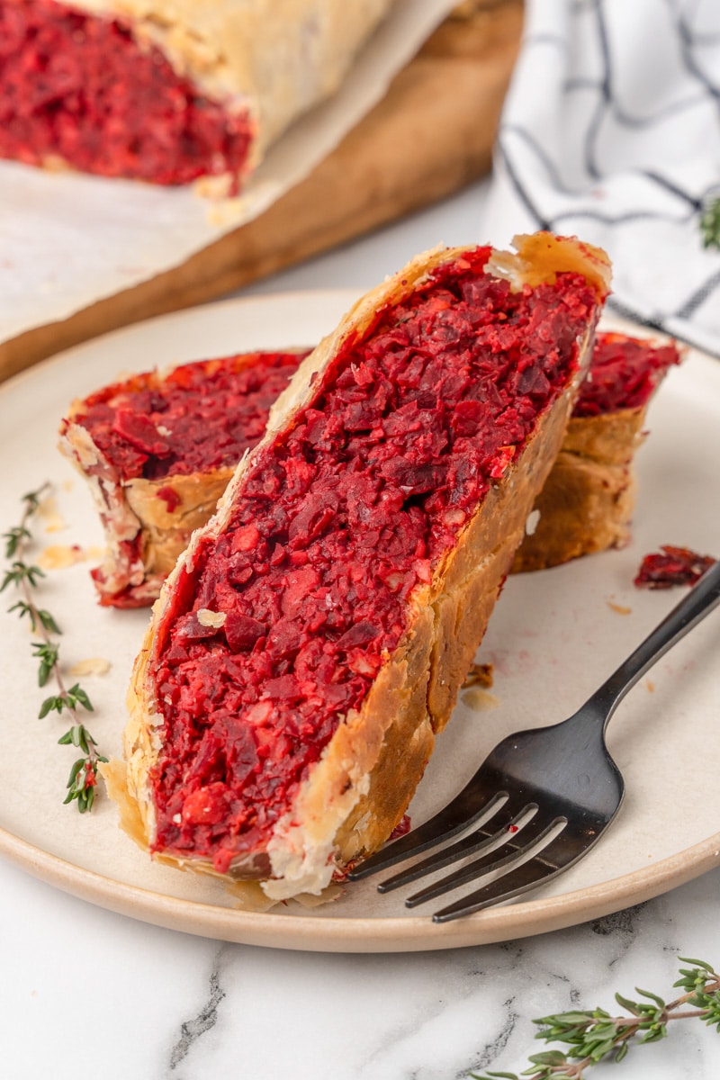 slices of vegan beet wellington be served