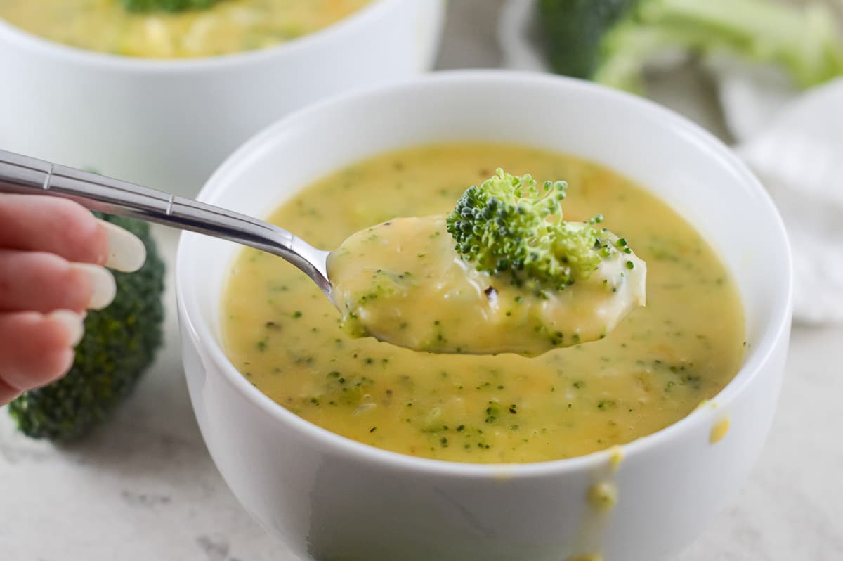a spoonful of vegan broccoli cheese soup