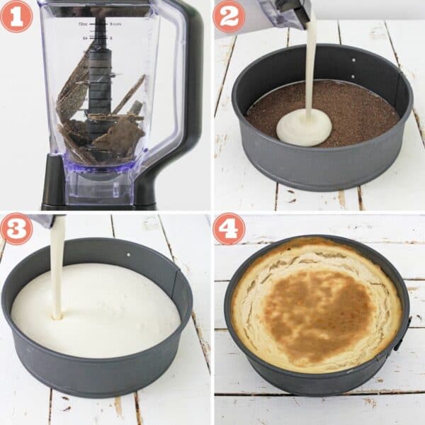 collage showing the process of making a vegan cheesecake