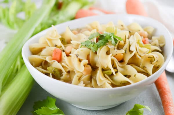 vegan chicken noodle soup being served