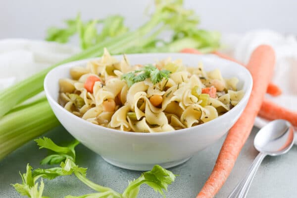 vegan chicken noodle soup with carrots and celery
