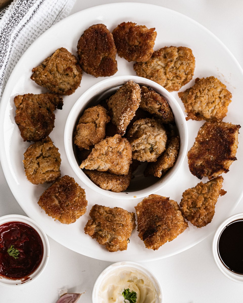 cauliflower nuggets arranged on a plate