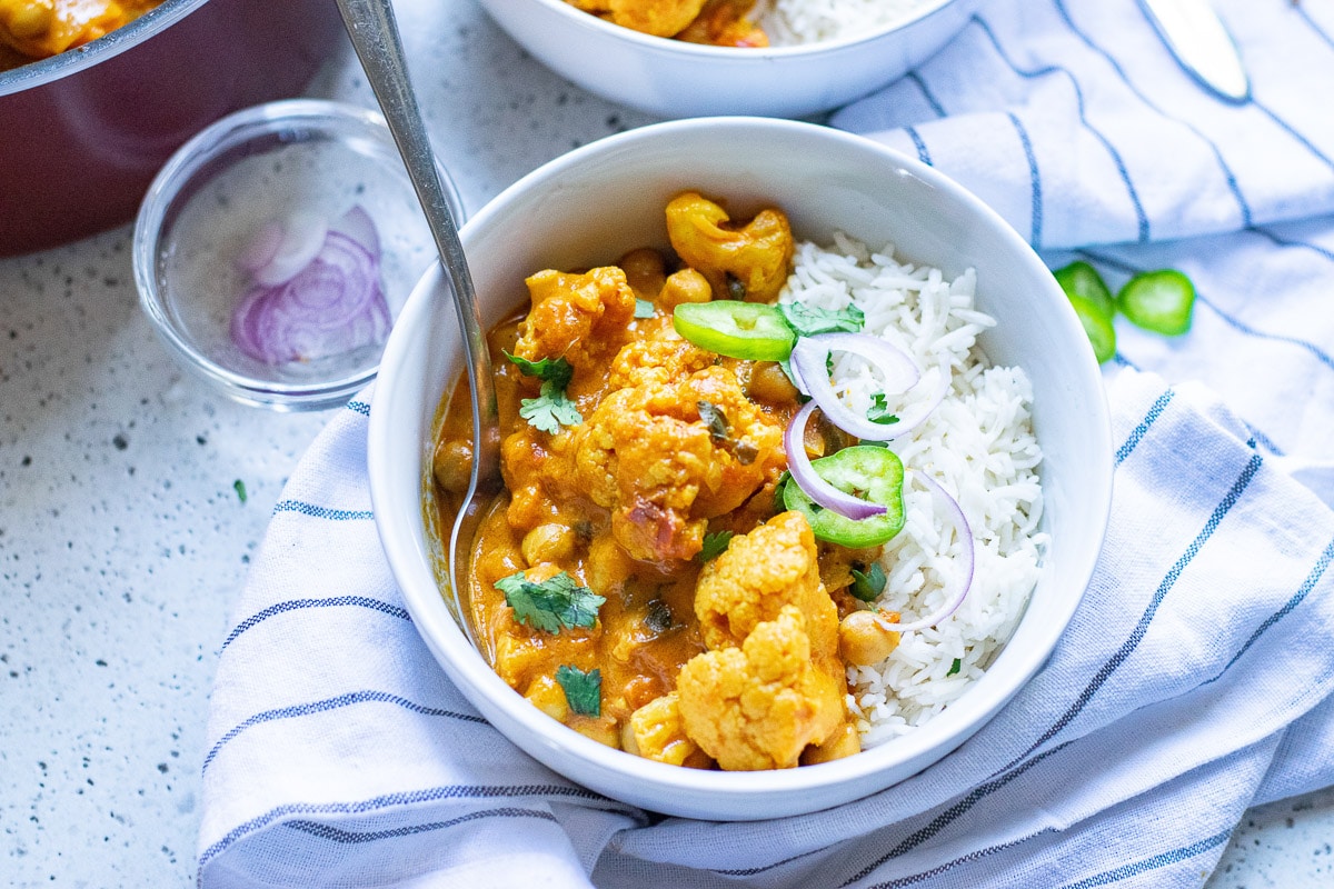 one bowl of vegan chickpea curry