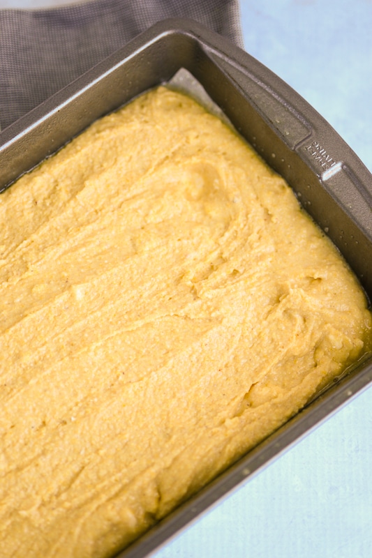 vegan cornbread in a baking pan 