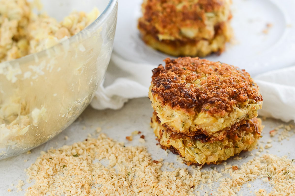 vegan crab cakes next to bowl