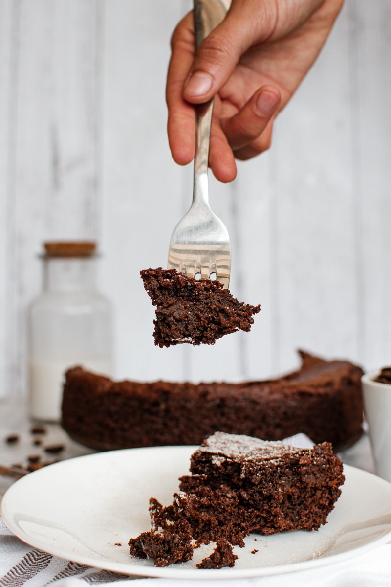 forkful of vegan flourless chocolate cake