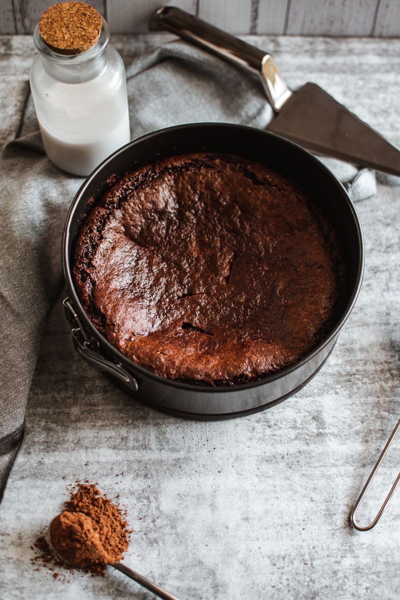 vegan flourless chocolate cake in baking pan
