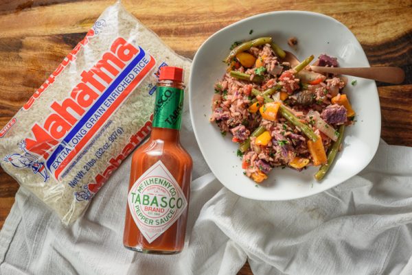 meatless vegan jambalaya in a serving bowl