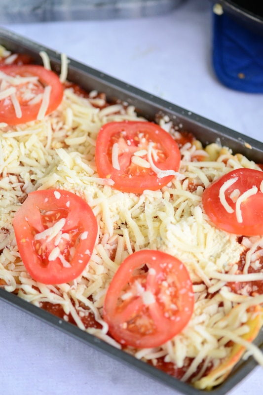 vegan lasagna with vegan ricotta cheese ready to bake