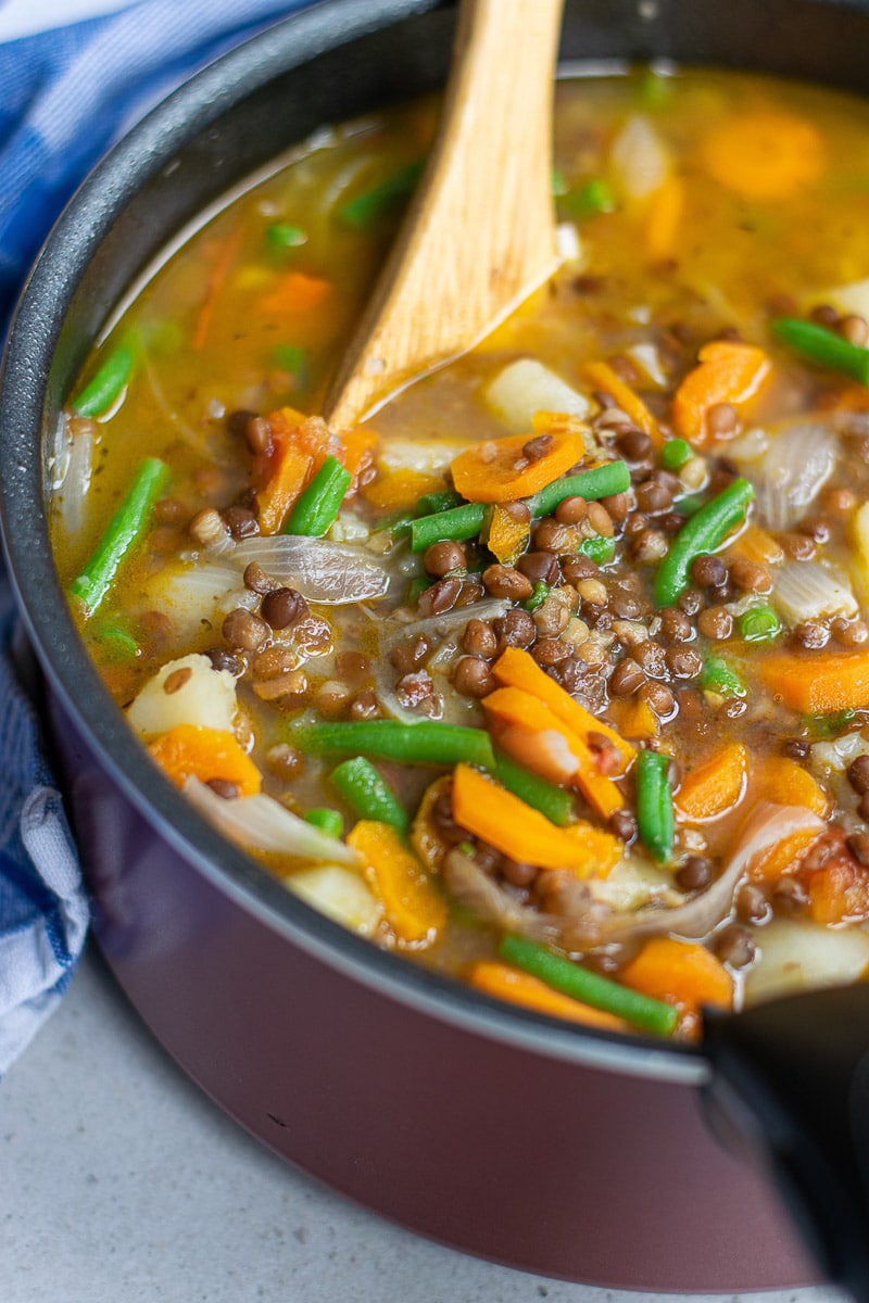 vegan lentil soup closeup 