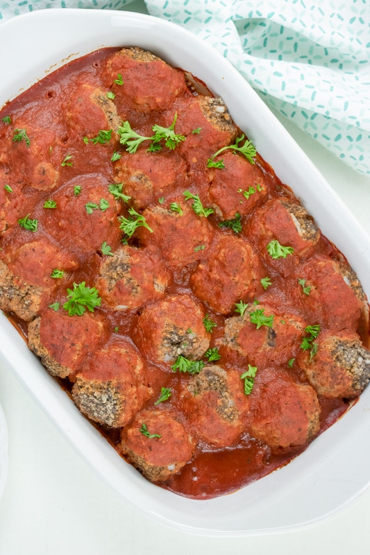 vegan meatless meatballs in a white dish