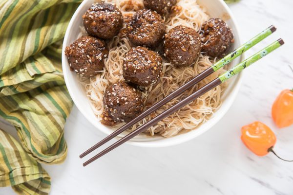 vegan meatballs and noodles