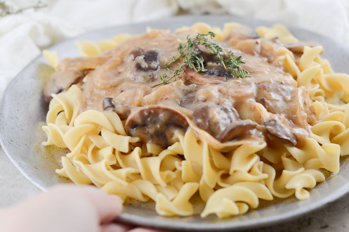 vegan mushroom stroganoff on a gray plate