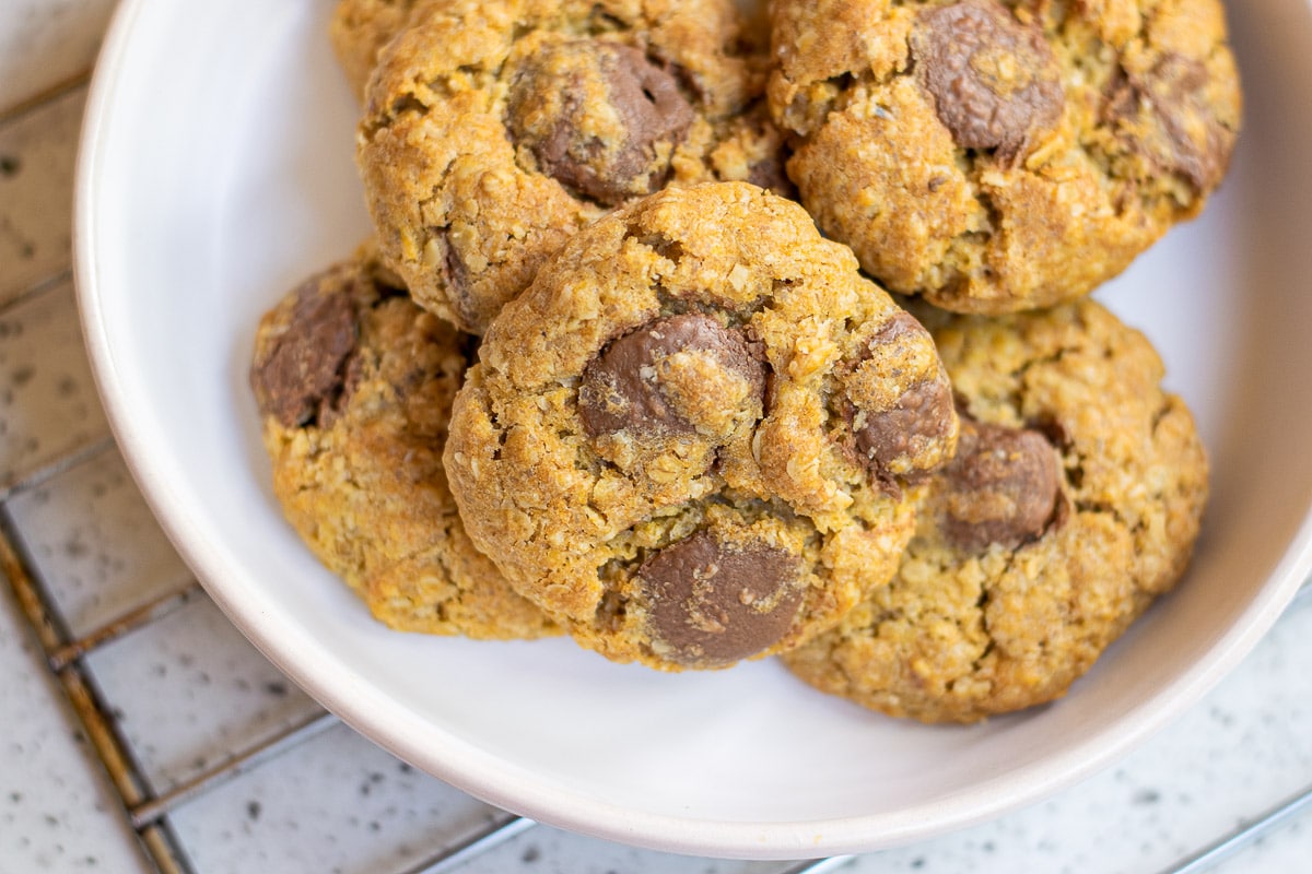 vegan oatmeal chocolate chip cookies on a plate