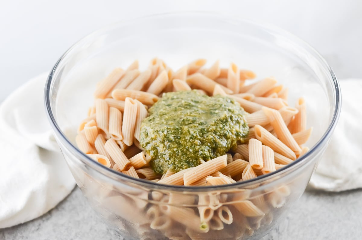 vegan pesto sauce in a bowl of pasta