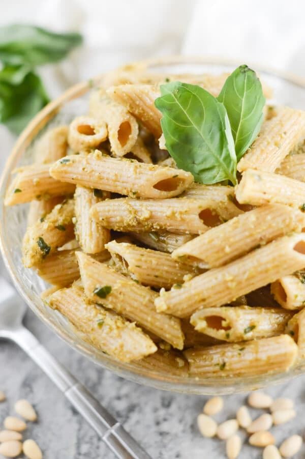 vegan pesto pasta in a bowl