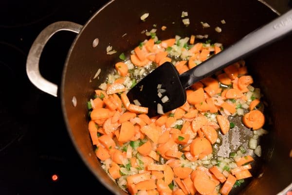 cooking veggies for vegan pot pies