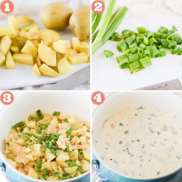 collage of images showing how to make vegan potato soup. includes chopping the potatoes and veggies, cooking the soup, and blending it.