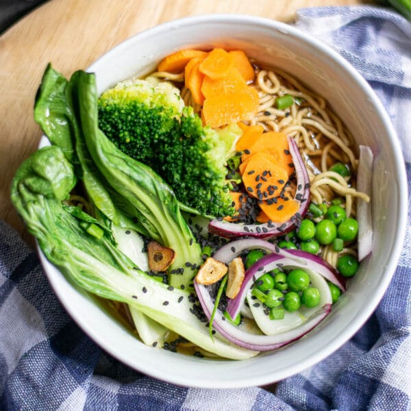 veggie ramen in a serving bowl