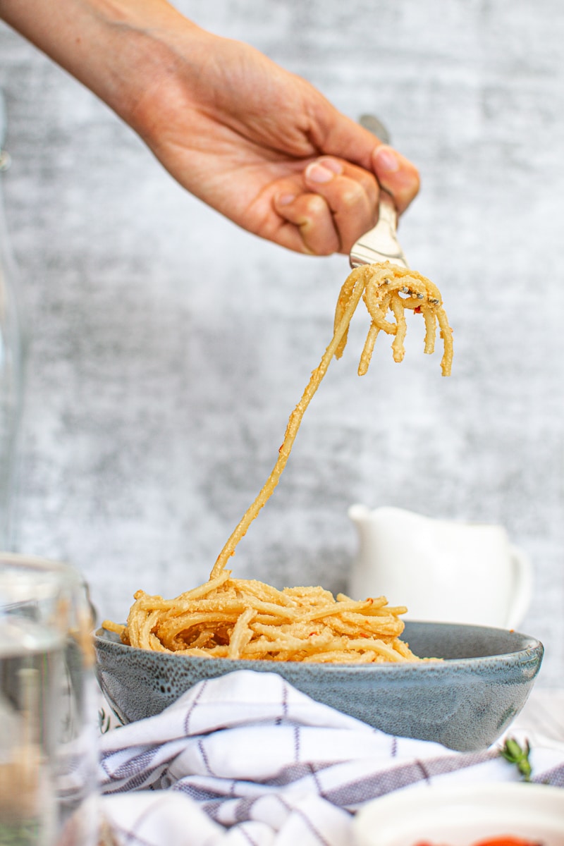 forkful of roasted red pepper pasta