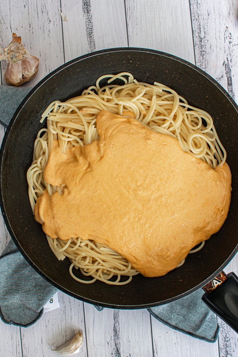 roasted red pepper sauce over pasta