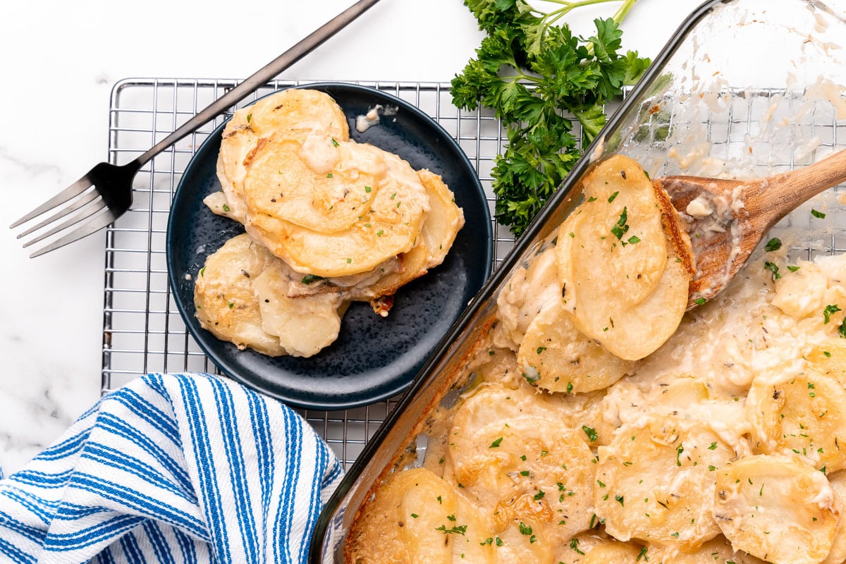 vegan scalloped potatoes being served